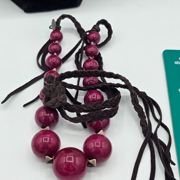Fossil Braided Brown Cord Necklace With Large Pink Beads & Metal Accents - Picture 5 of 6